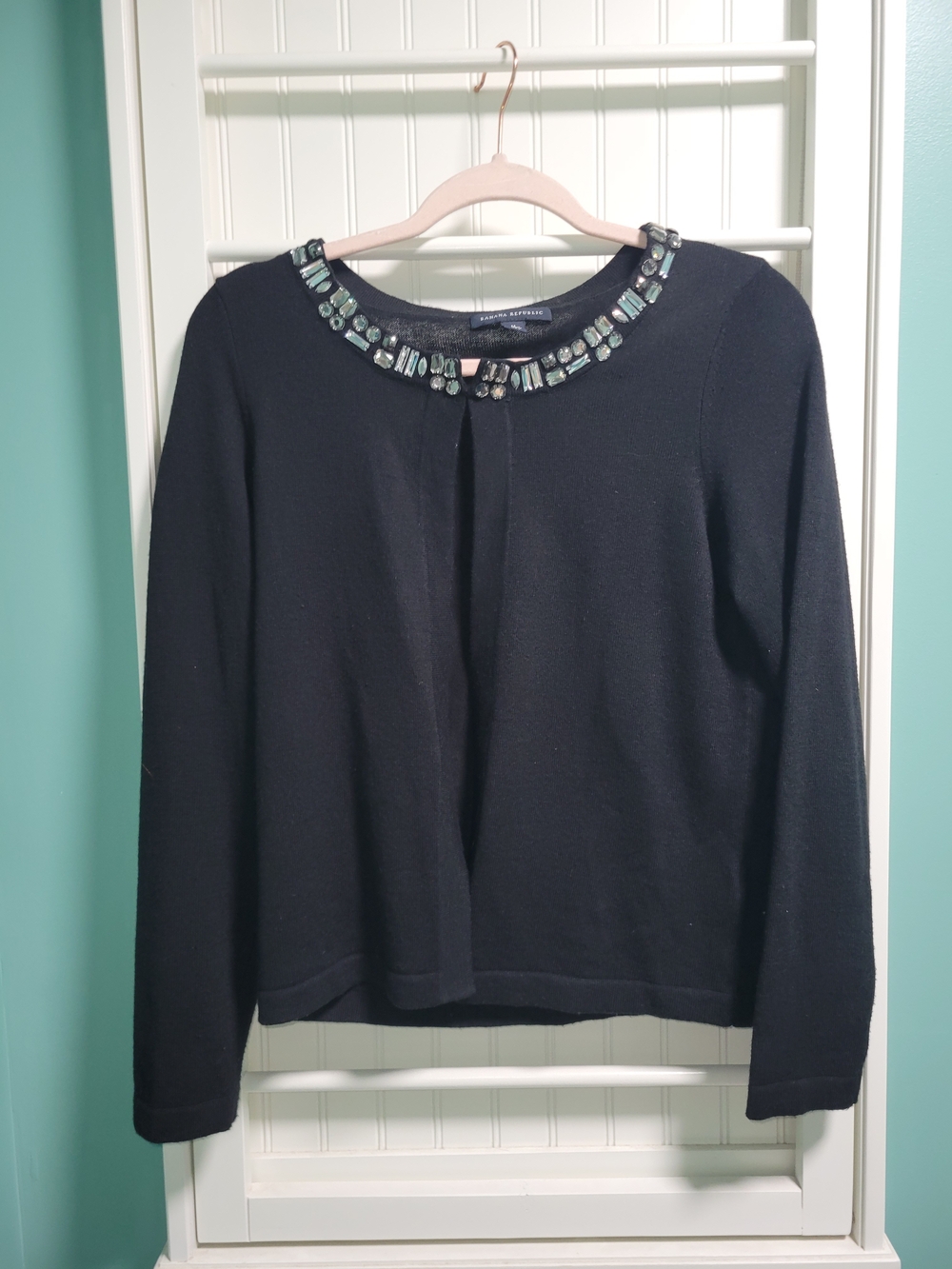 Banana Republic Black Sweater with Teal Jeweled Collar Size M